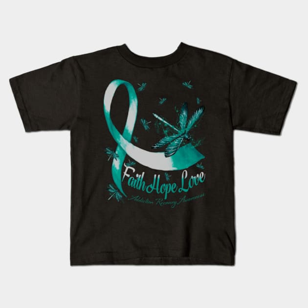 Faith Hope Love Addiction Recovery Awareness Dragonfly Kids T-Shirt by KaelaGusikowski